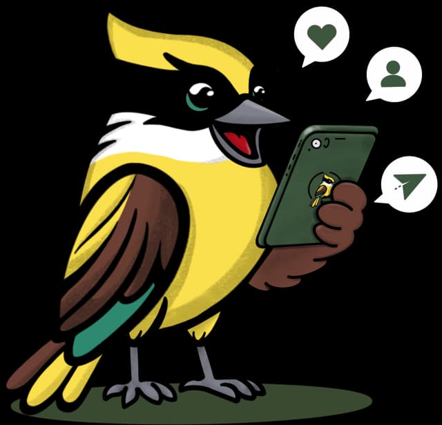 Mascote Bem-te-vi compartilhando conteúdo