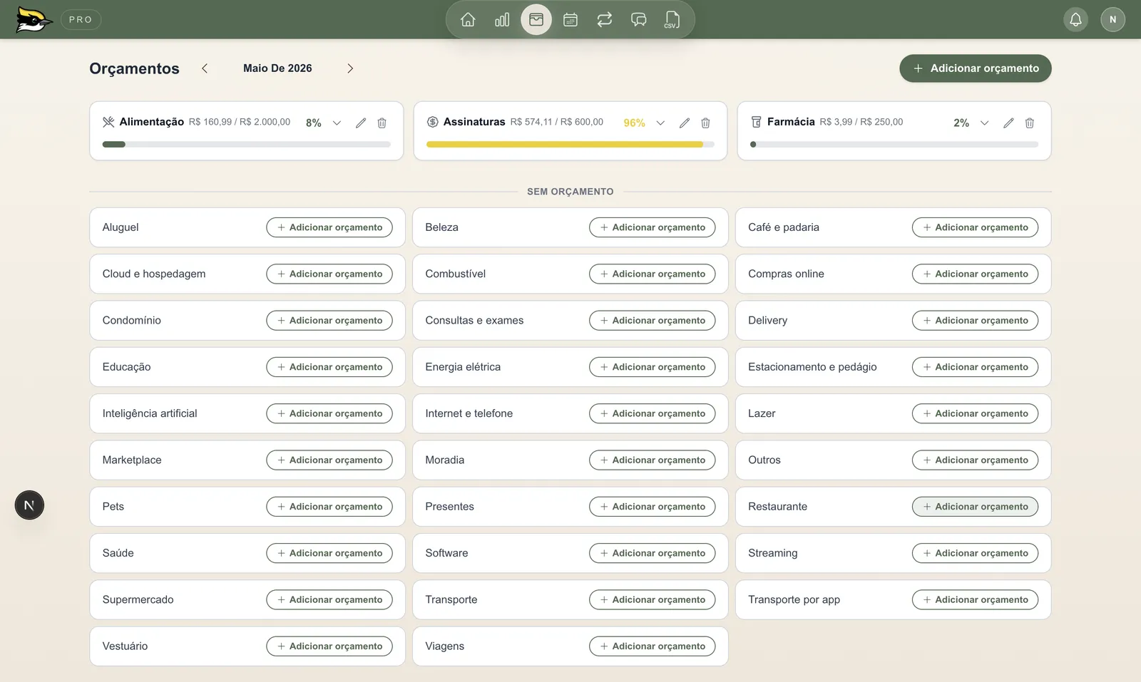 Screenshot do painel de categorias