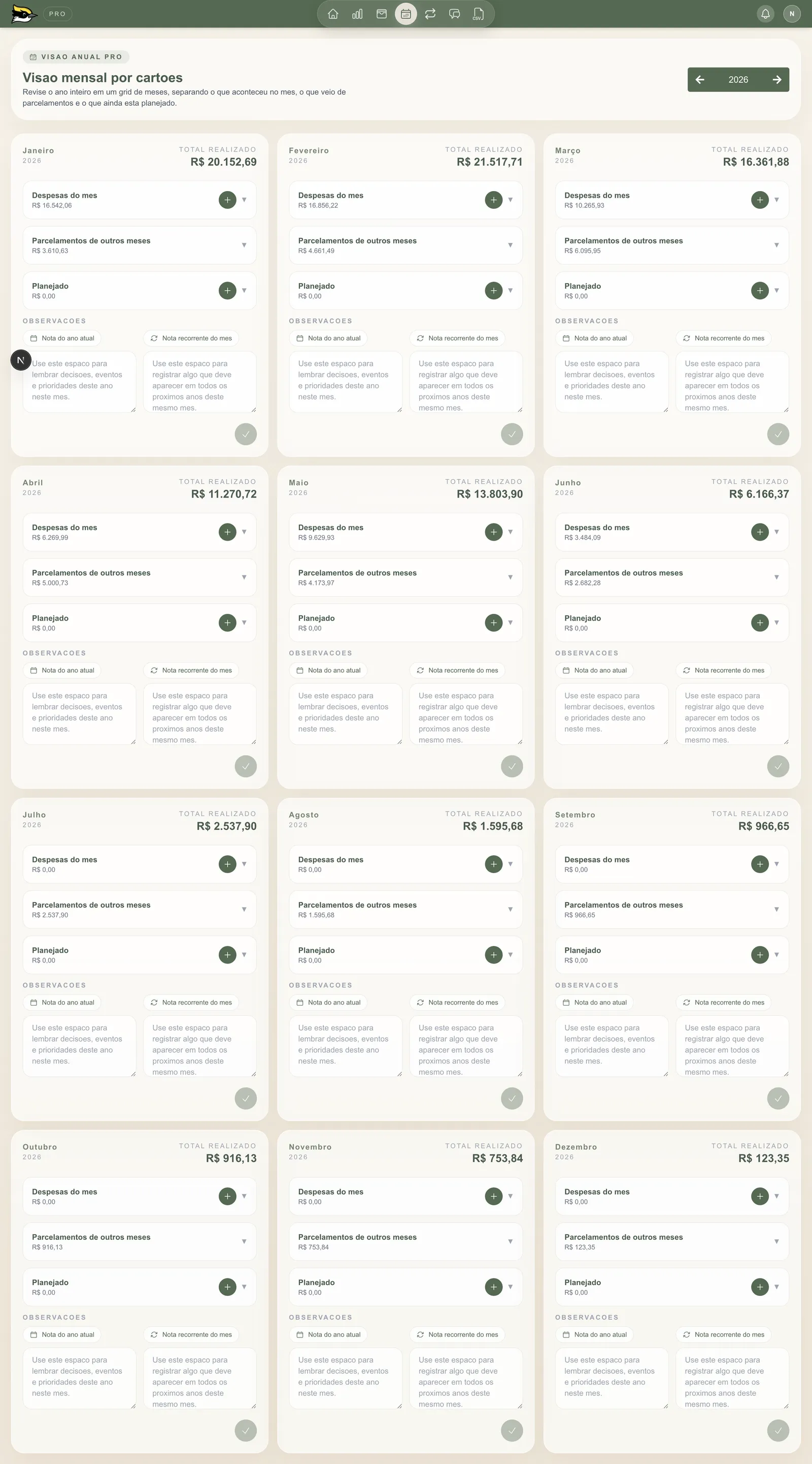 Screenshot do painel de fluxo financeiro