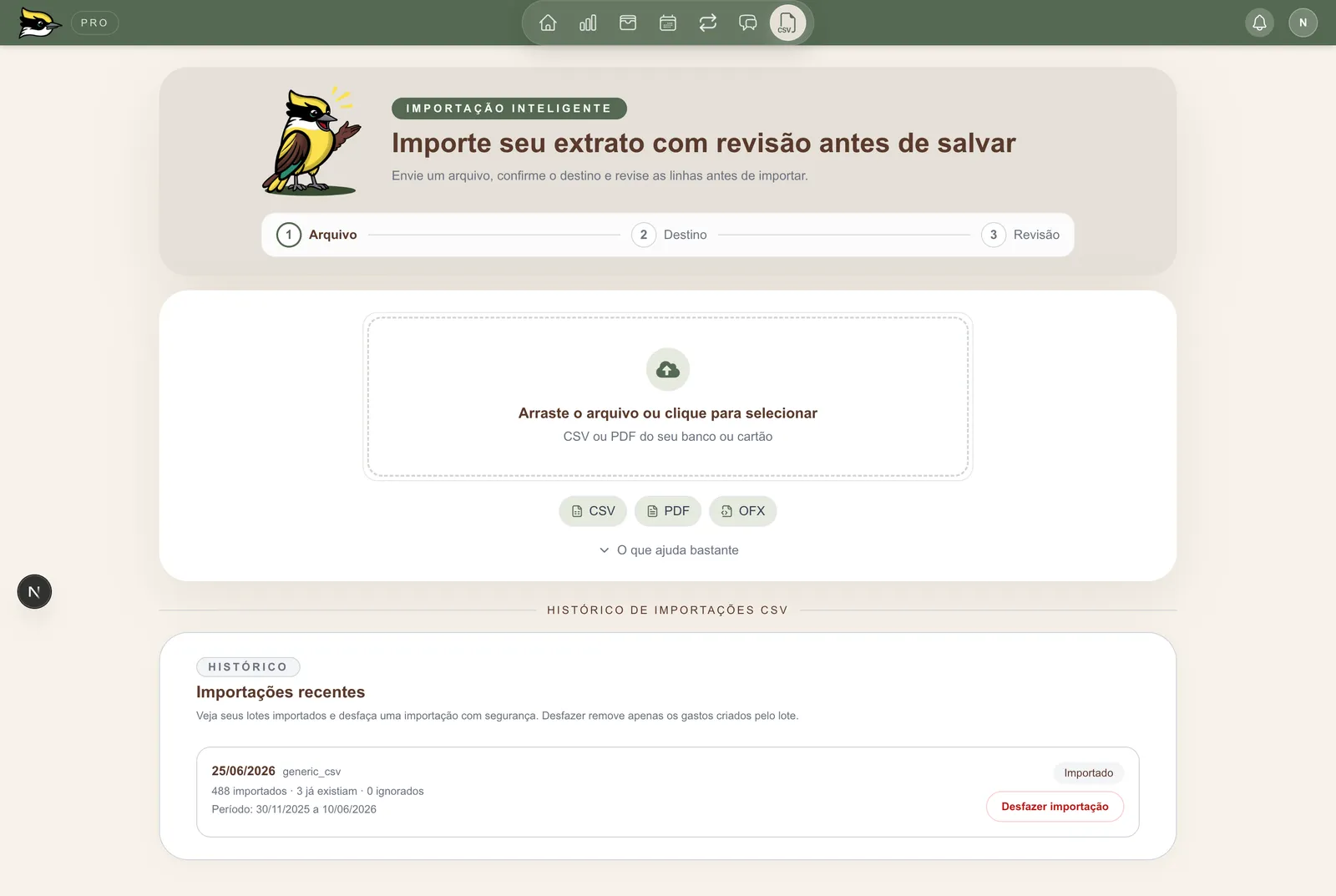 Tela de importação: arraste o extrato do banco para o Bem-te-vi
