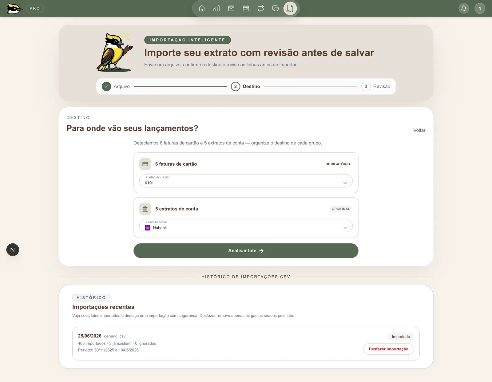 Escolha da conta ou do cartão de destino da importação no Bem-te-vi