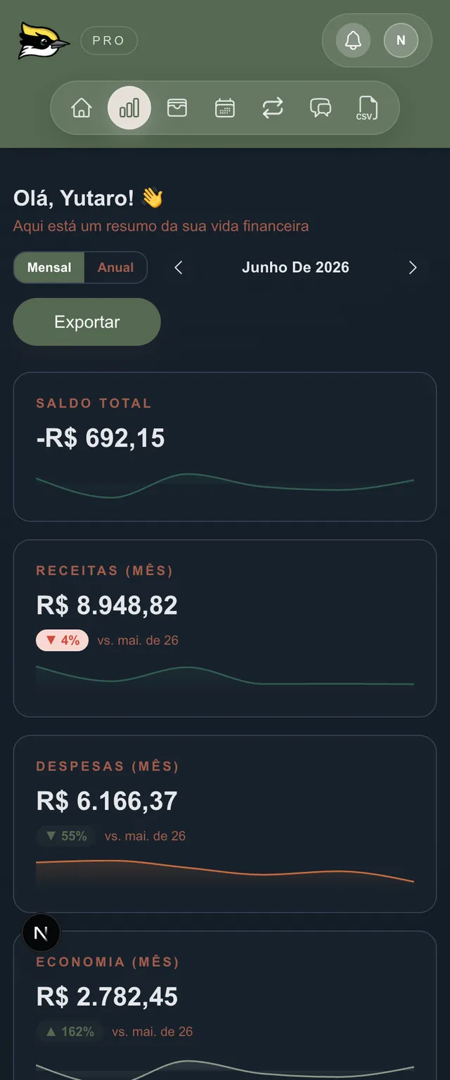Painel do Bem-te-vi no modo escuro no celular